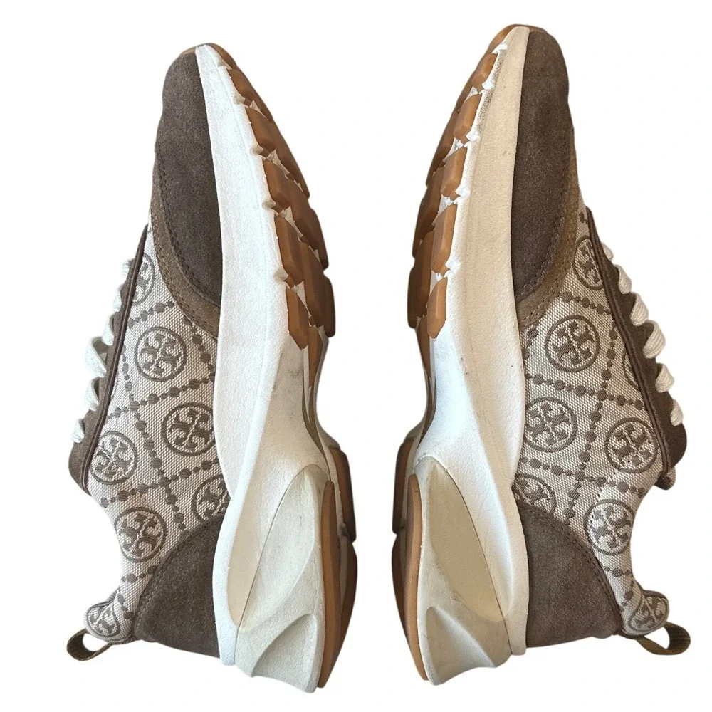 Tory Burch Good Luck T-Monogram Trainer Brown Suede Chunky Sneakers 8.5